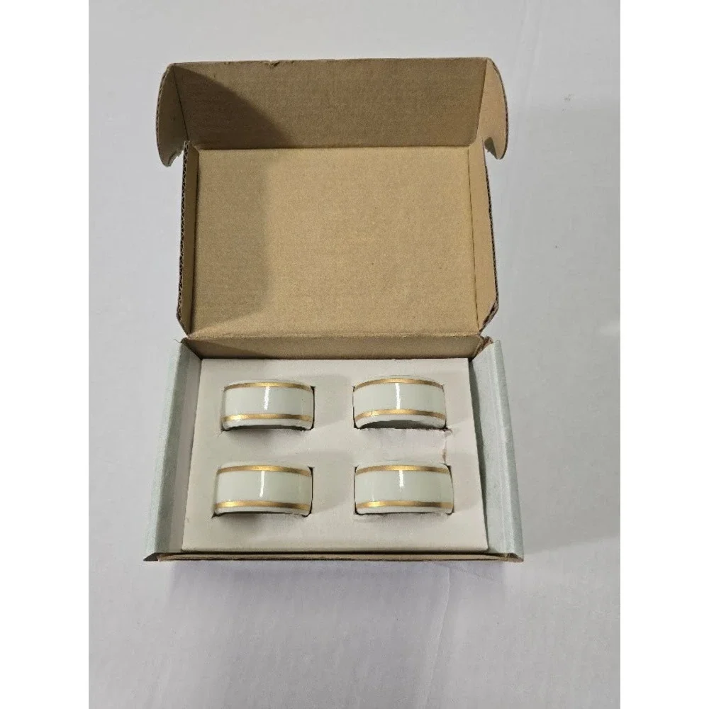 Gorham Set of 4 Porcelin Napkin Rings Gold Trim‎ White Vintage